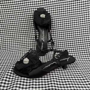 Luciano Barachini Black Floral Kitten Heel Sandals Rhinestone Slingback Shoe 37